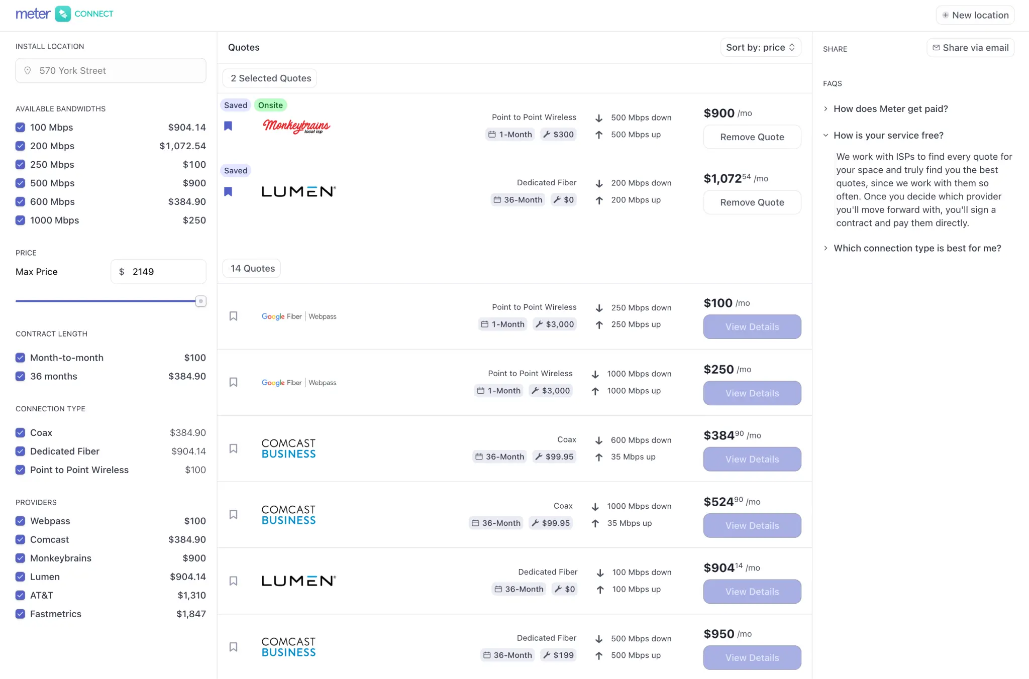 Meter Connect: ISP quotes